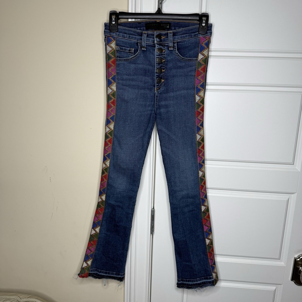 Veronica Beard Jeans 26 Carolyn Baby Boot Embroidered Side Stripe Crop Raw Hem